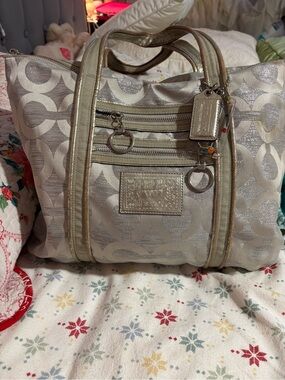 Coach Silver Signature Tote with Metallic Trim